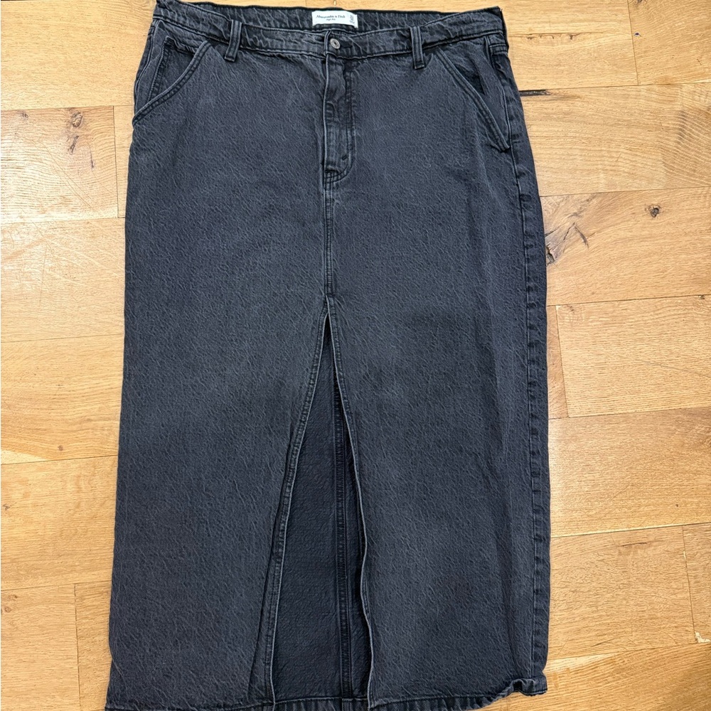 Black Denim Midi Skirt with Front Slit